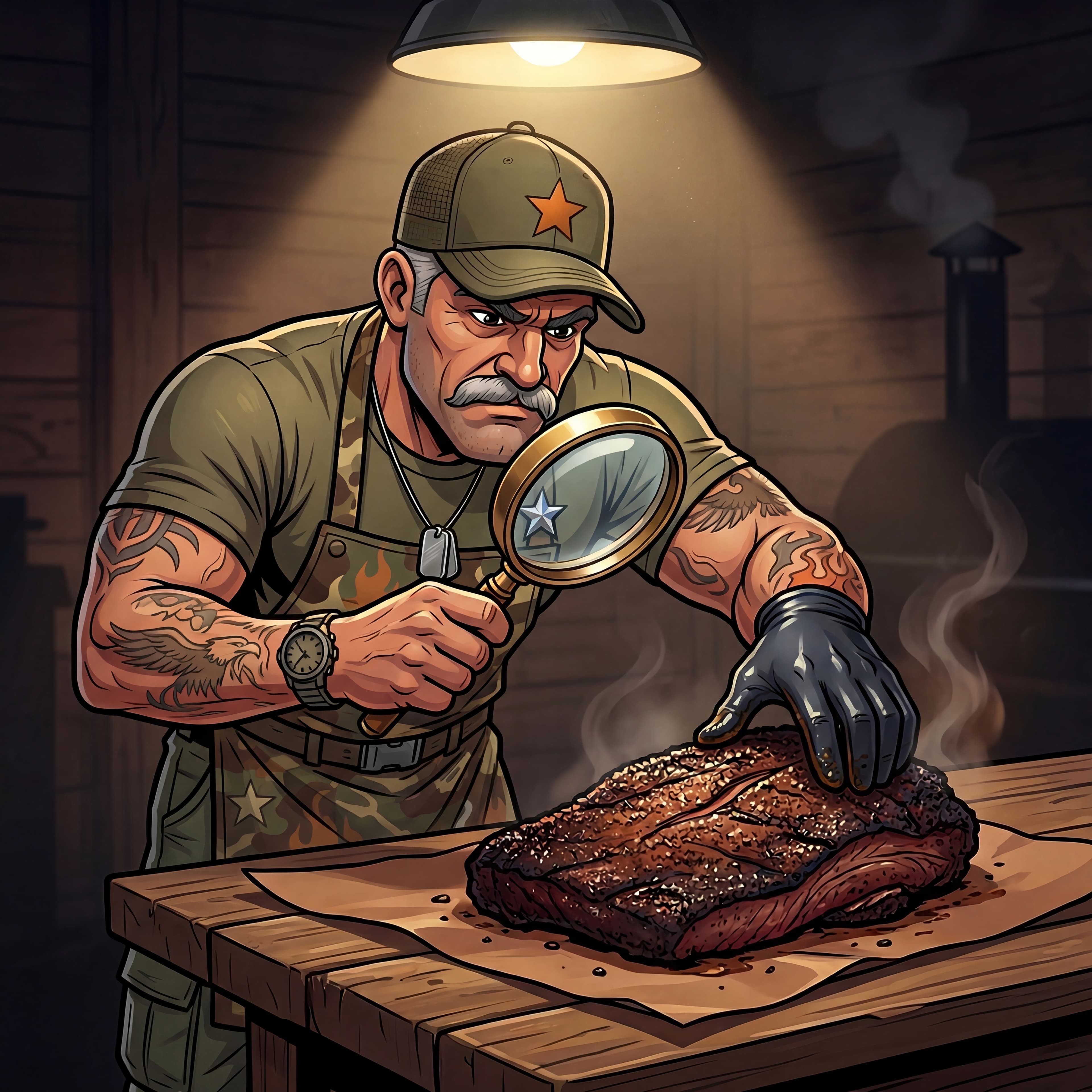 Major Wood, the fictional pit commander, inspecting a brisket